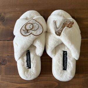 Laines London White Fuzzy Bridal Slippers with Gold Accents